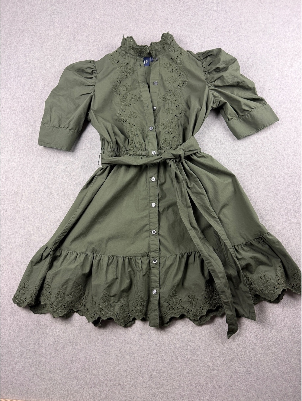 GAP Olive Green Eyelet Embroidered Puff Sleeve Button Front Midi Dress XS